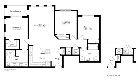 Floor plan for 3 beds, 2 baths, 1247 sqft